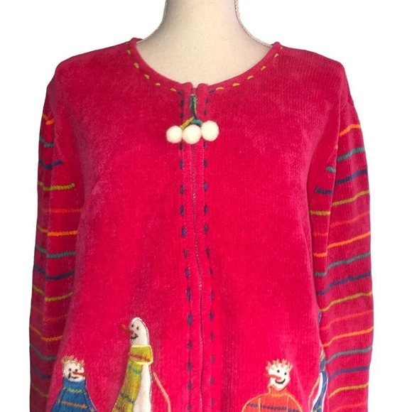 Vintage TIMBERLEA Sz XL Women's Fuchsia Snowman Zip Up Long Sleeve Cardigan Swtr - Picture 3 of 7